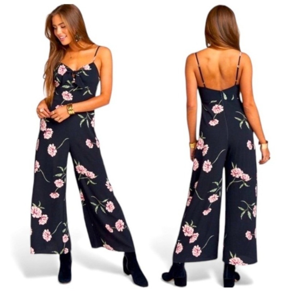 Show Me Your Mumu Jumpsuit Womens Large Black Floral Tie Front Wide Leg Summer